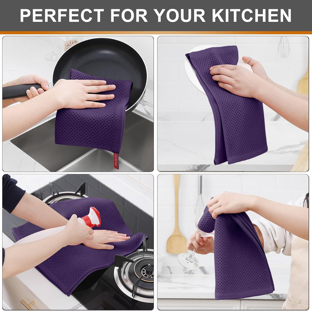 Kitinjoy 100% Cotton Waffle Weave Kitchen Towels (13 X 28 Inches, Eggplant), 4-Pack Super Soft and Absorbent Dish Towel for Drying Dishes, Kitchen Hand Towels