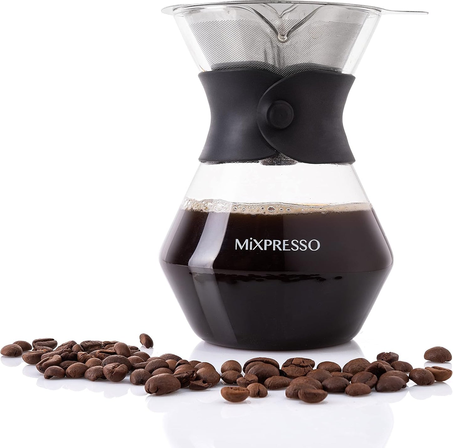 Mixpresso Pour Over Coffee Maker, Glass Carafe with Coffee Dripper, 13.5 Oz | Reusable Stainless Steel Filter with Protective Silicone Sleeve for Manual Pour Over Coffee Brewing, Easy to Clean