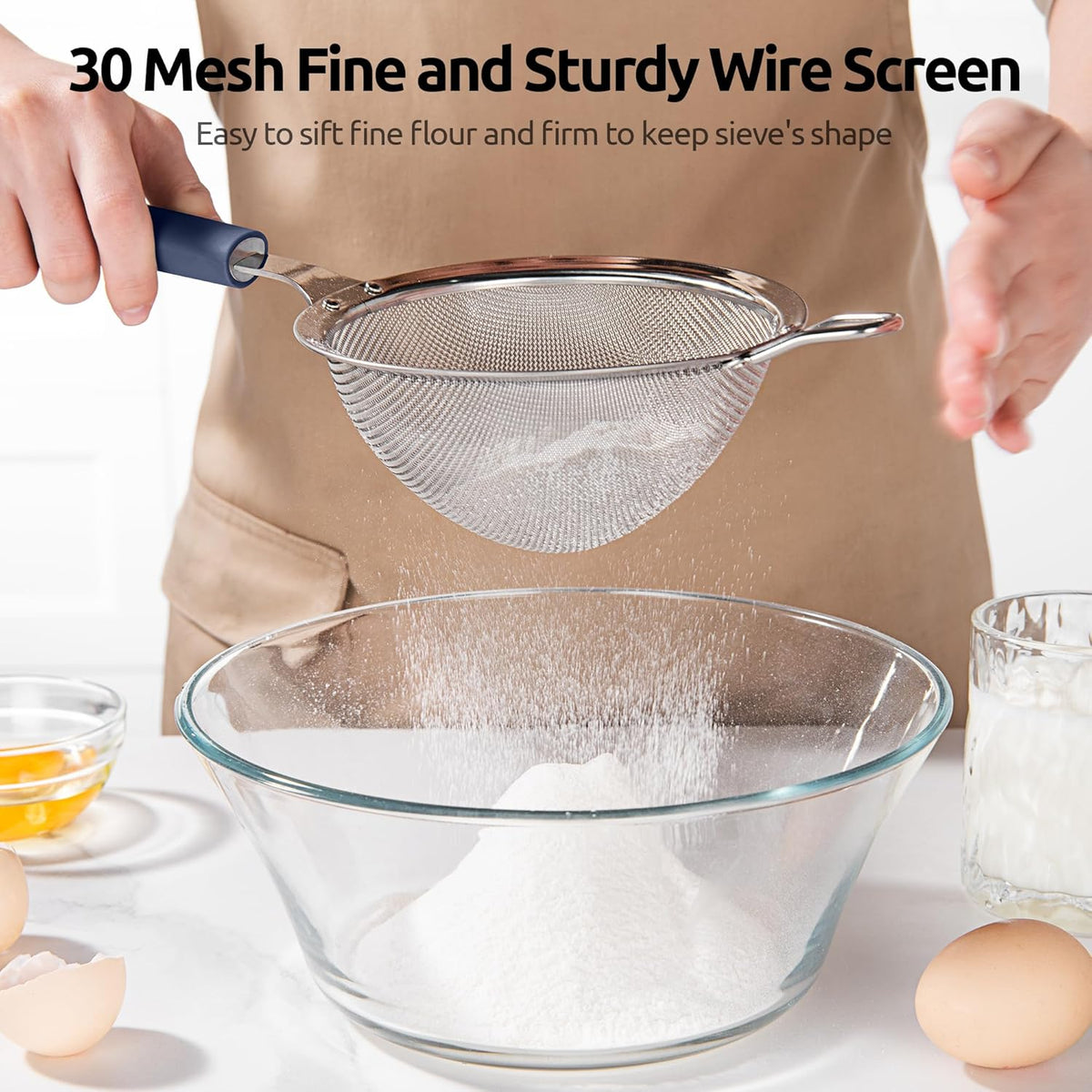 U-Taste Medium Fine Mesh Strainer: 18/8 Stainless Steel 4.73in 30 Mesh Kitchen Food Sieve with Sturdy Riveted Silicone Handle, Heavy Duty Deep Handheld Metal Colander for Rice, Quinoa(Midnight Blue)