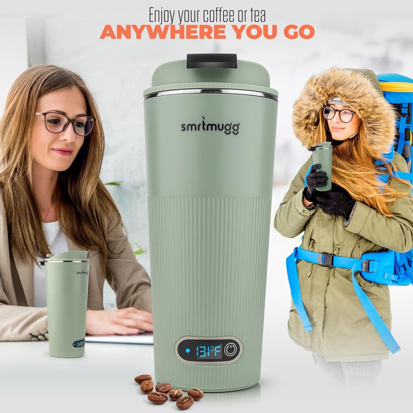 SmrtMugg GO Heated Coffee Mug, Travel Mug, 13.5 OZ. Smart Mug, Battery Powered Heated Coffee Mug, Great for Coffee and Tea, Snap on Magnetic Charging Cord, New and Improved (Mint Green)