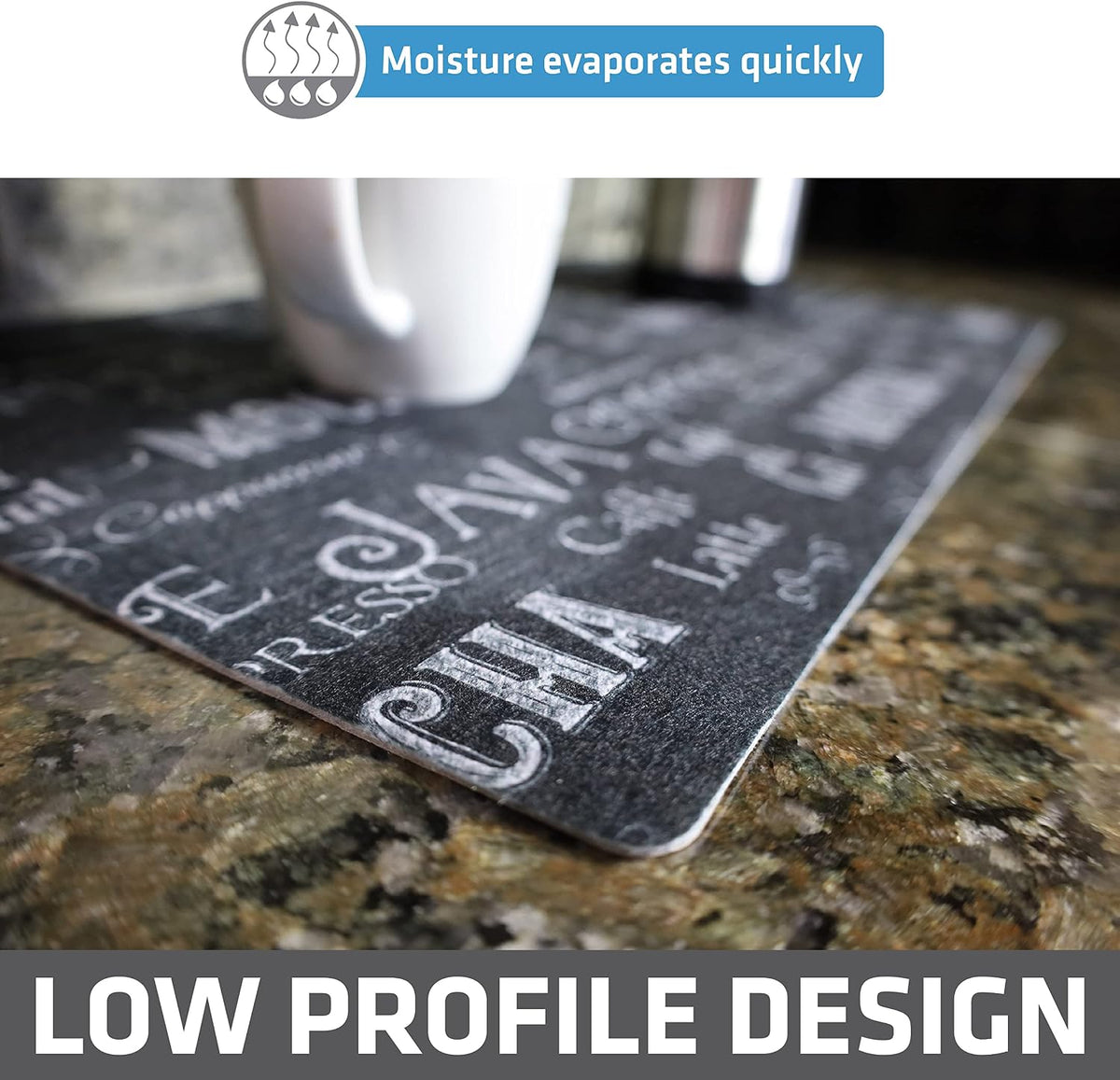 Drymate Coffee Maker Mat, (Coffee Station Bar Accessory) Protects Kitchen Countertops From Spills, Stains &amp; Scratches, Absorbent, Waterproof, Washable (USA Made) (12” x 20”) (Java Chalkboard)