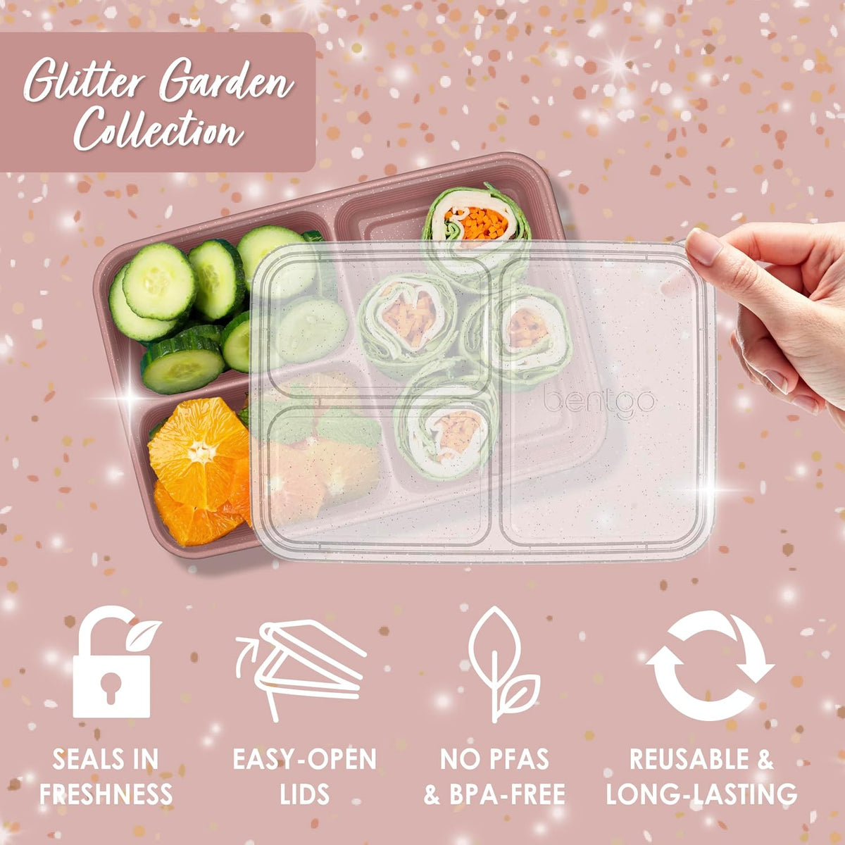 Bentgo Prep - 20-Piece 3-Compartment Reusable Meal Prep Containers with Lids, PFAS & BPA Free Materials, Durable, Microwave, Freezer, & Dishwasher Safe To Go Food Storage (Rosette Glitter)