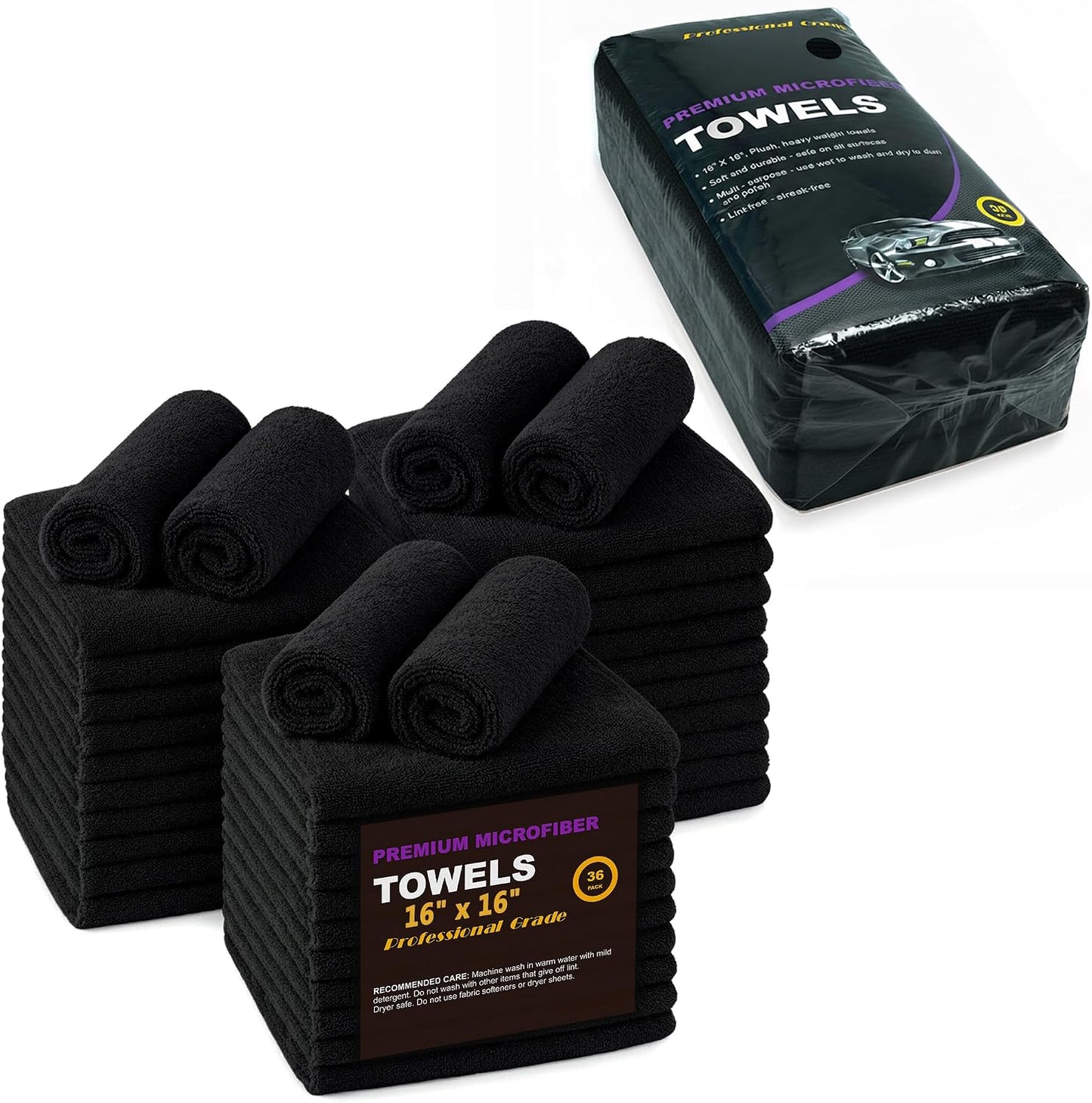 Black Microfiber Cleaning Towels, 36-Pack Dual-Sided Ultra Soft Plush Washcloth, Professional Grade Premium Microfiber Detailing Cleaning Cloths, Car, Household and Commercial (Black, 16" x 16")
