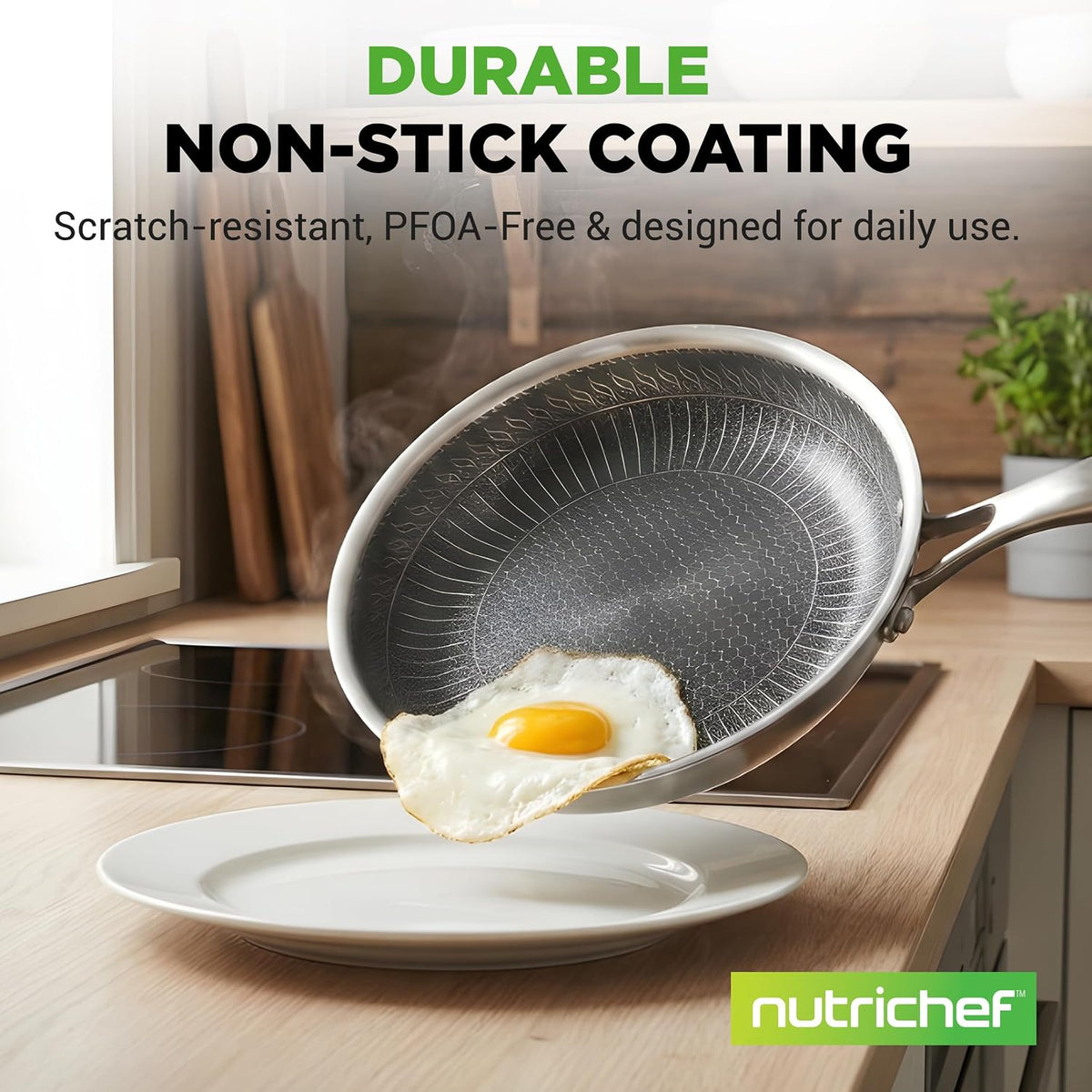 NutriChef 8" Stainless Steel Frying Pan - Triply Kitchenware Stir Fry Pan Kitchen Cookware w/DAKIN Etching Non-Stick Coating, Scratch-resistant Raised-up Honeycomb Fire Textured Pattern - NC3PL8