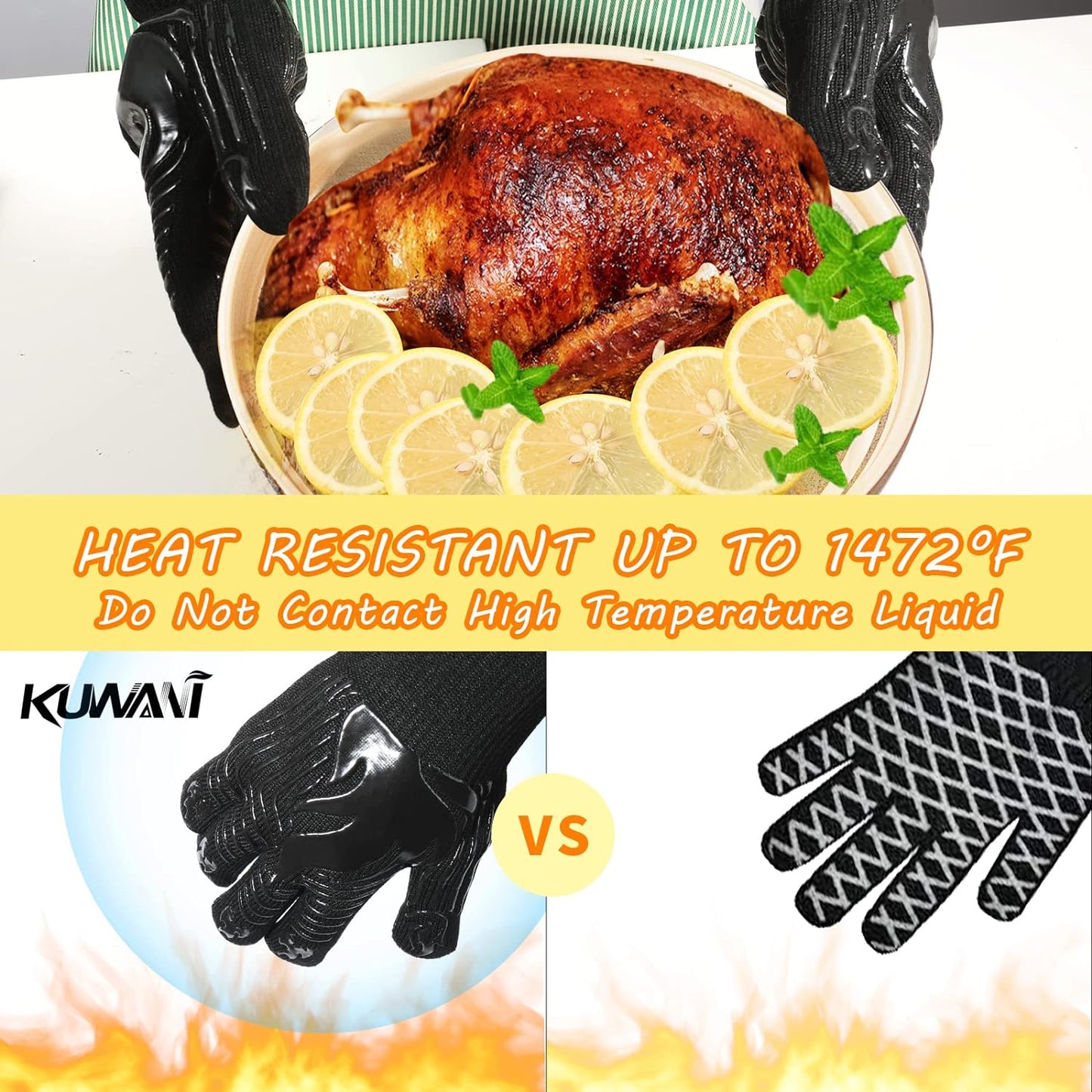BBQ Gloves, 1472°F Heat Resistant Fireproof Mitts, Silicone Non-Slip Washable Oven Kitchen Gloves for Barbecue, Grilling, Cooking, Baking, Camping, Smoker (Black)