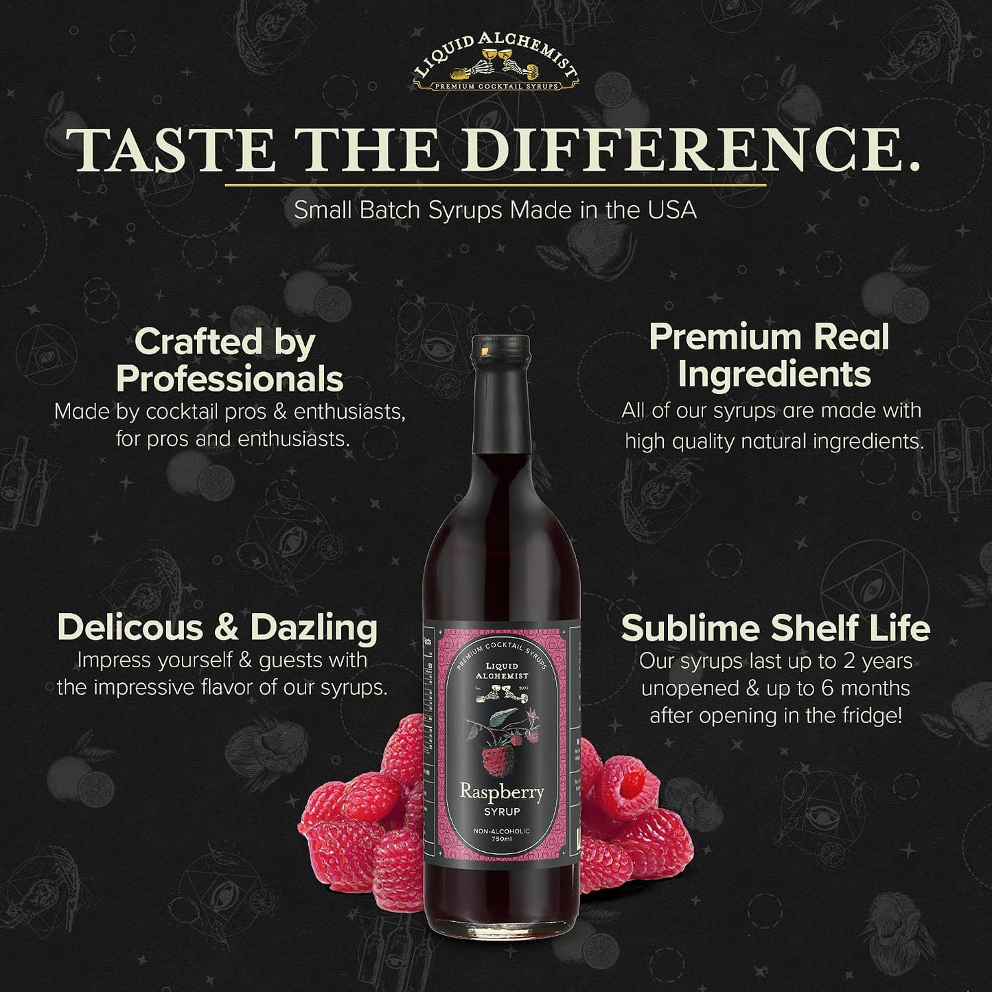 Liquid Alchemist Raspberry Syrup for Cocktails | Real Ingredients Make our Raspberry Syrup for Drinks a great Margarita Mix | Small Batch, Non-GMO &amp; Vegan | 25.4 oz Drink Mixer, Pack of 1