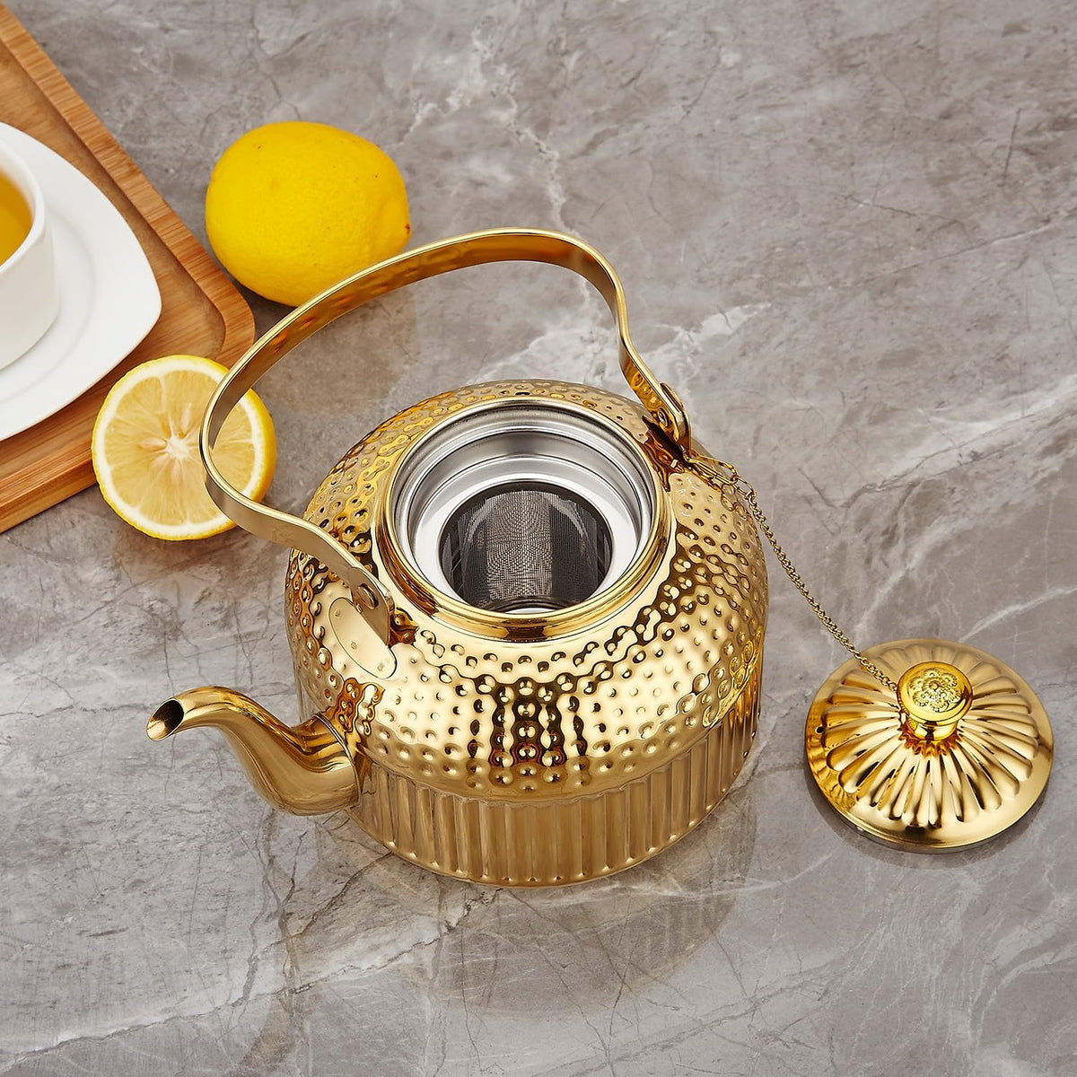 SANQIAHOME Antique 1.8L (60 Oz) Stainless Steel Teapot with Infuser Gold