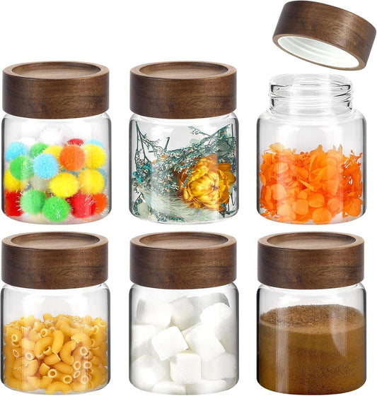 6 pc Glass Spice jars Glass Jars with Screw Lid 5 oz Acacia Wood Glass Herb Sugar Coffee Bean Ground Container Food Storage Canister for Candy Pantry Tea Seasoning Meal Prep Snack (6*150ml(5oz))
