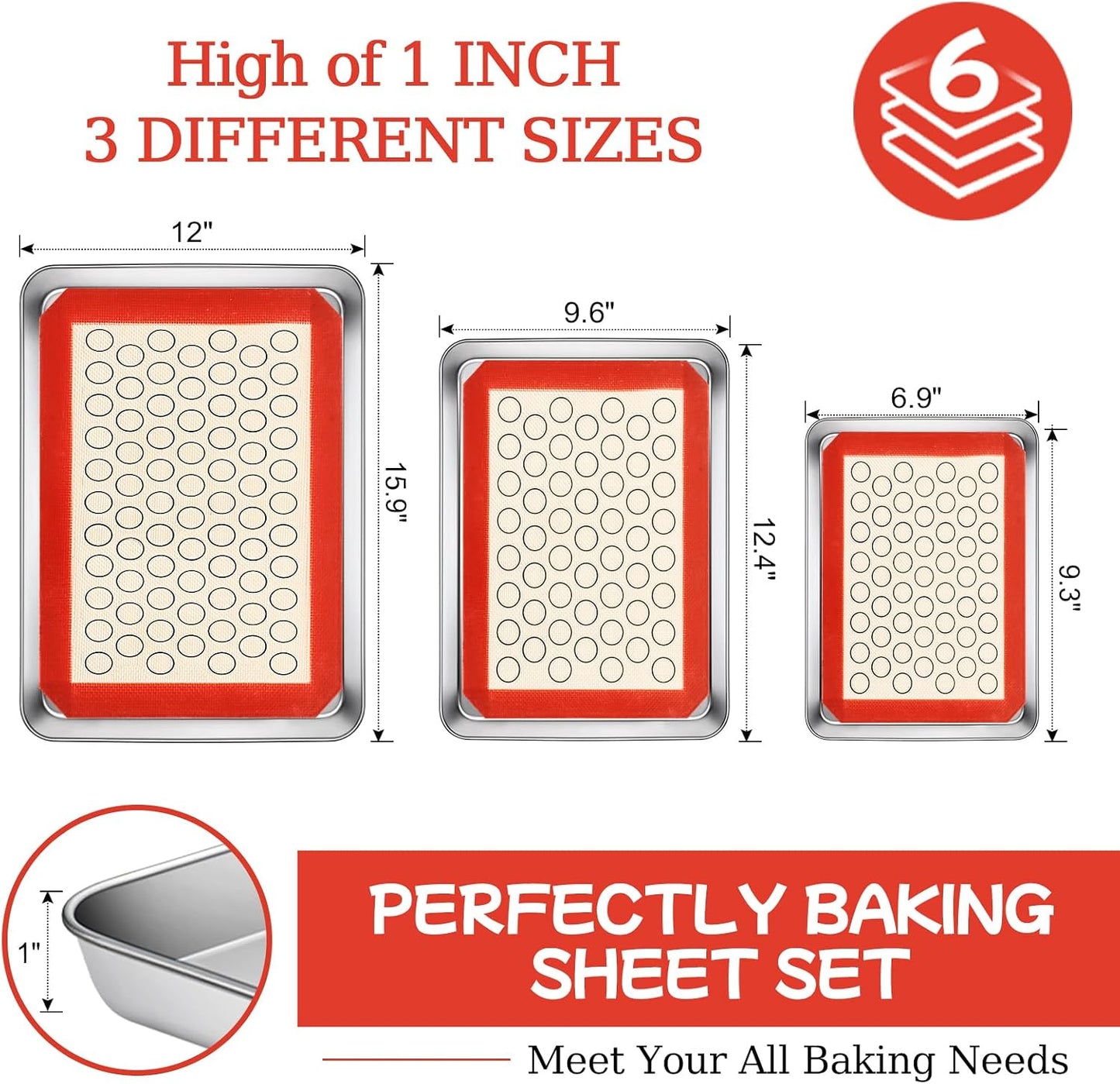 Baking Sheet with Silicone Baking Mat Set, Stainless Steel 3 Pans + 3 Mats | 9/10/12 Inches Cookie Sheets for Baking, CEKEE Baking Sheet Pan Set, Heavy Duty Design for Baking, Roasting and Cooking