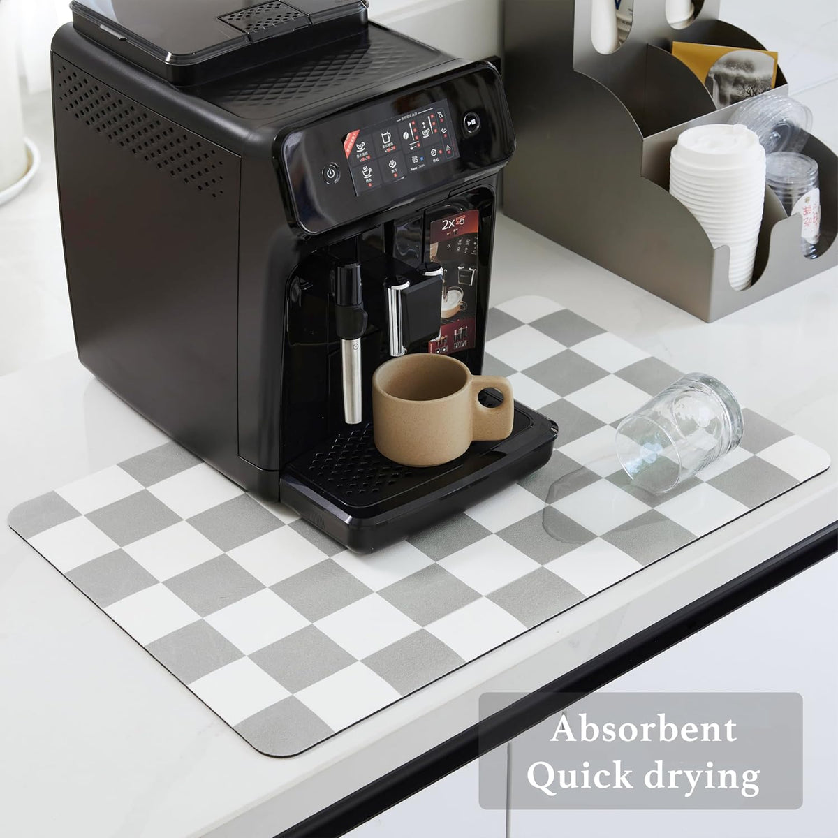 Checkered Dish Drying Mat for Kitchen Counter, Coffee Bar Station Accessories, Retro Cute Aesthetic Absorbent Coffee Mat Kitchen Drying Mat Easy Clean, Grey 16" x 24"