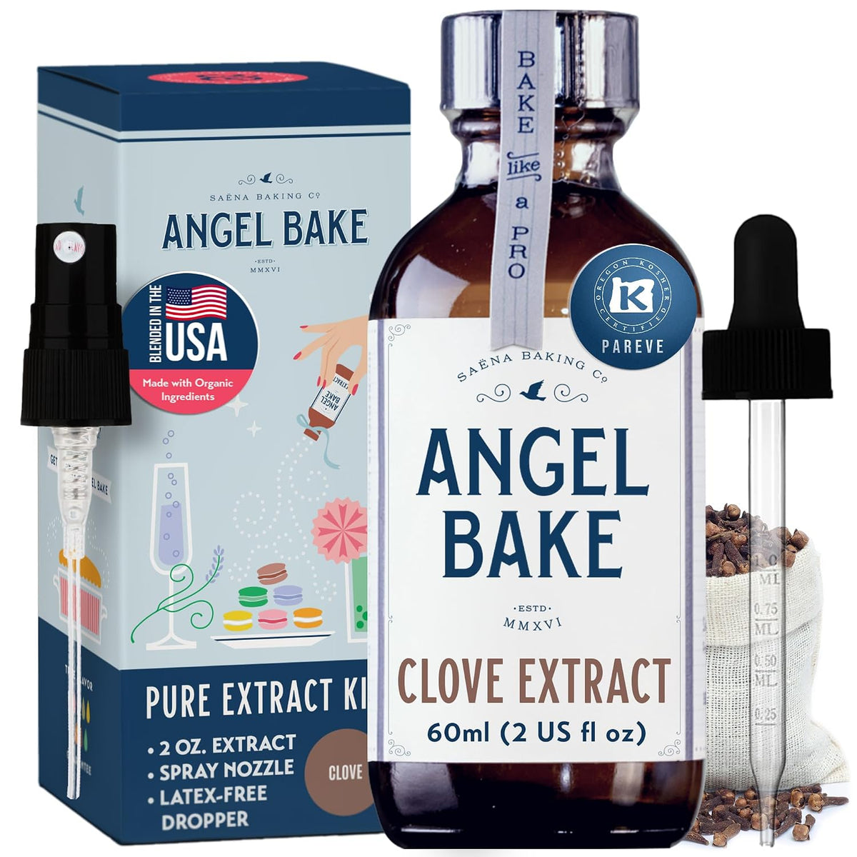 Angel Bake Pure Clove Extract, 2 oz w/ Sprayer | Water soluble, food safe flavoring to mist or dose into cocktails, mulled drinks and baking; edible, vegan, gluten free