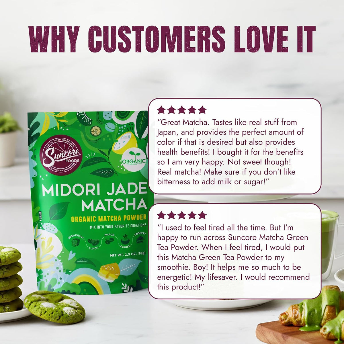 Suncore Foods Organic Midori Jade Matcha Powder 3.5oz | Gluten Free | Vegan | Natural Green Food Coloring, Japanese Premium Culinary Grade Matcha, For Baking, Desserts, Lattes, Non-GMO, Resealable Pouch
