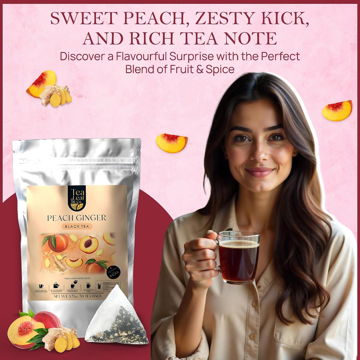Peach Ginger Black Tea 100gm/3.5oz, Natural Herbal Infusion, 50 Tea Bags