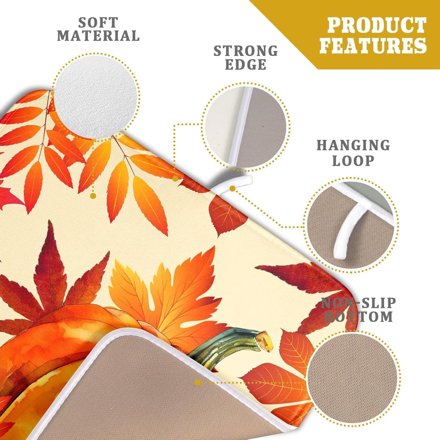 Autumn Pumpkin Maple Leaf Dish Drying Mat for Kitchen Counter,Thanksgiving Fall Holiday Drying Mat with Hanging Loop 16 x 18 Inch Microfiber Dish
