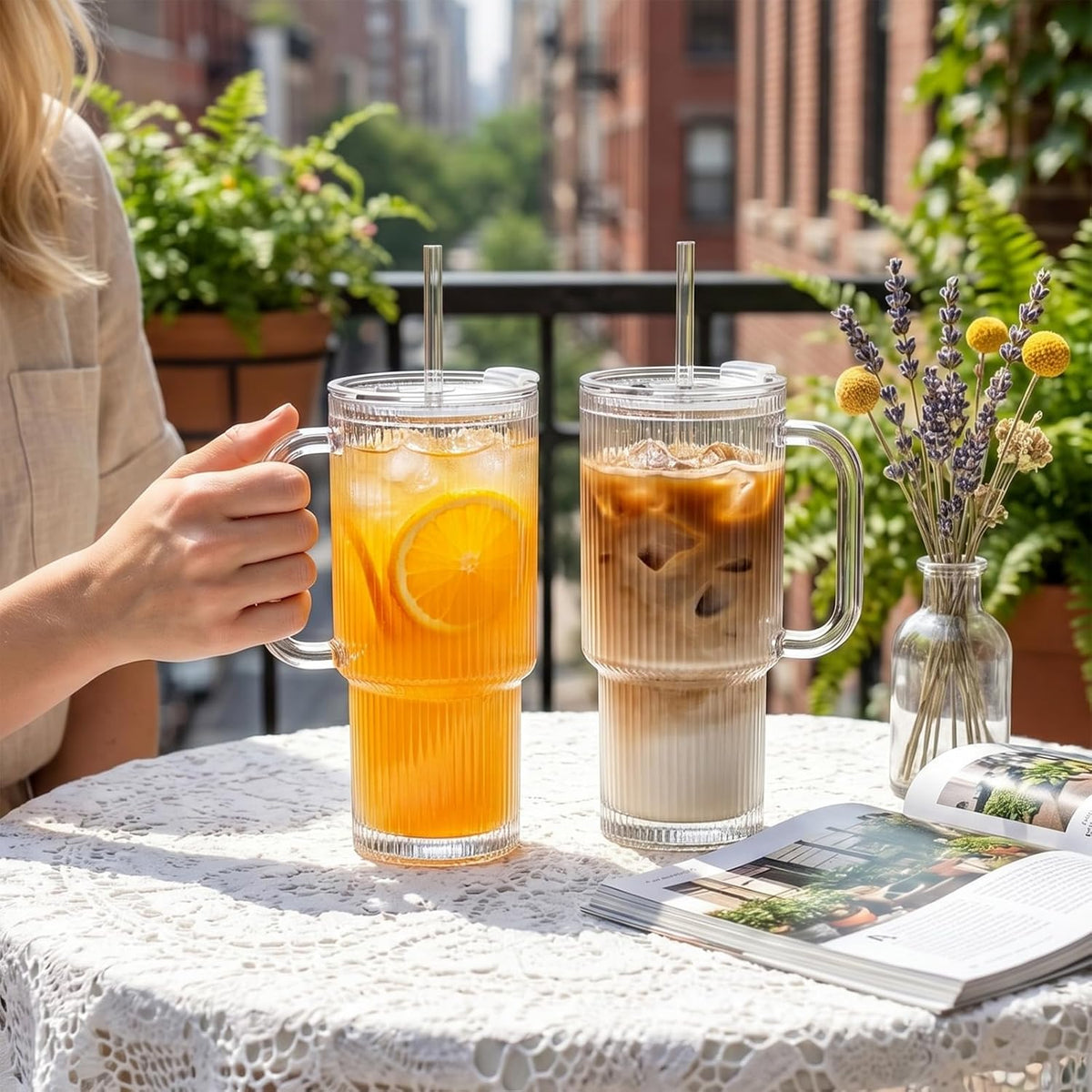INSETLAN 24 oz Ribbed Glass Tumbler with Handle, 2-Pack Iced Coffee Cups | Modern Glass Cups with Lids and Straws for Cold &amp; Hot Beverages, Aesthetic Travel Cup for Smoothies, Tea, and Juice