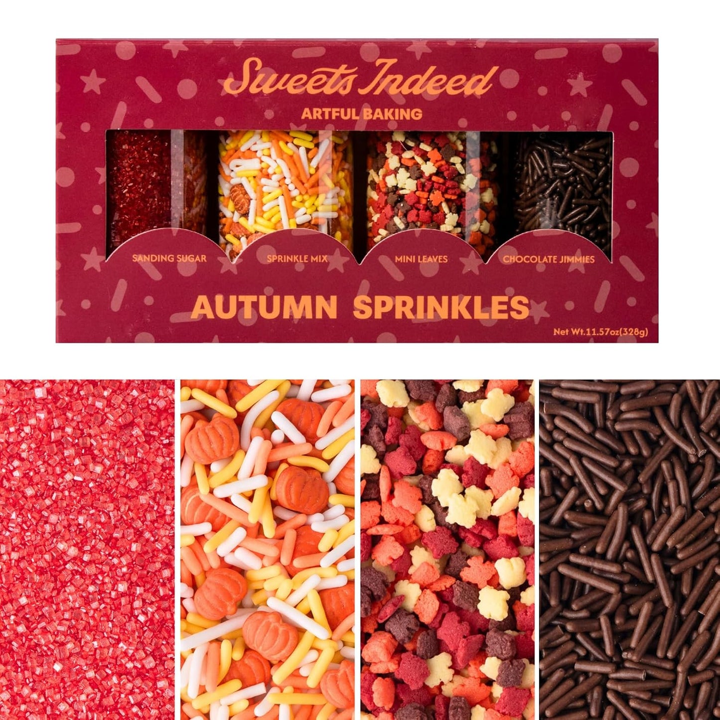Sweets Indeed Fall Sprinkles 4 Pack, Pumpkin &amp; Leaf Shapes, 11.57 ounces