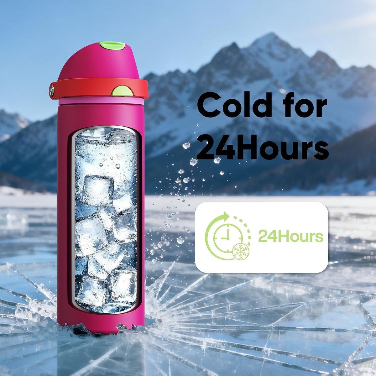 Insulated Water Bottle with Straw - Encool Stainless Steel Water Bottle with Push Button Lid, Leak-Proof &amp; BPA-Free, Keeps Cold for 24 Hours for Sports, Travel, Gym (24 oz, Cerise Pink)