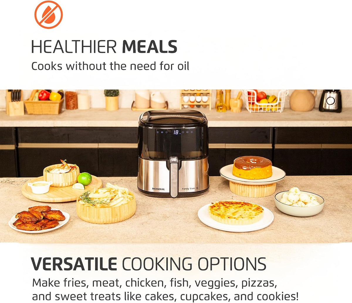 Air Fryer Digital Visor Inox 5.3QT Capacity - High Power & Elegant Stainless Steel Finish - Black & Inox