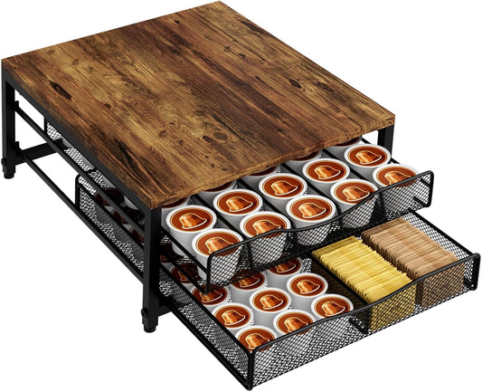 VyGrow Coffee Pod Holder For Counter, Wooden K Cup Holder with Double Layer Sliding Drawer, Large Capacity Coffee Pod Storage for Coffee Station, Home, Office, Kitchen
