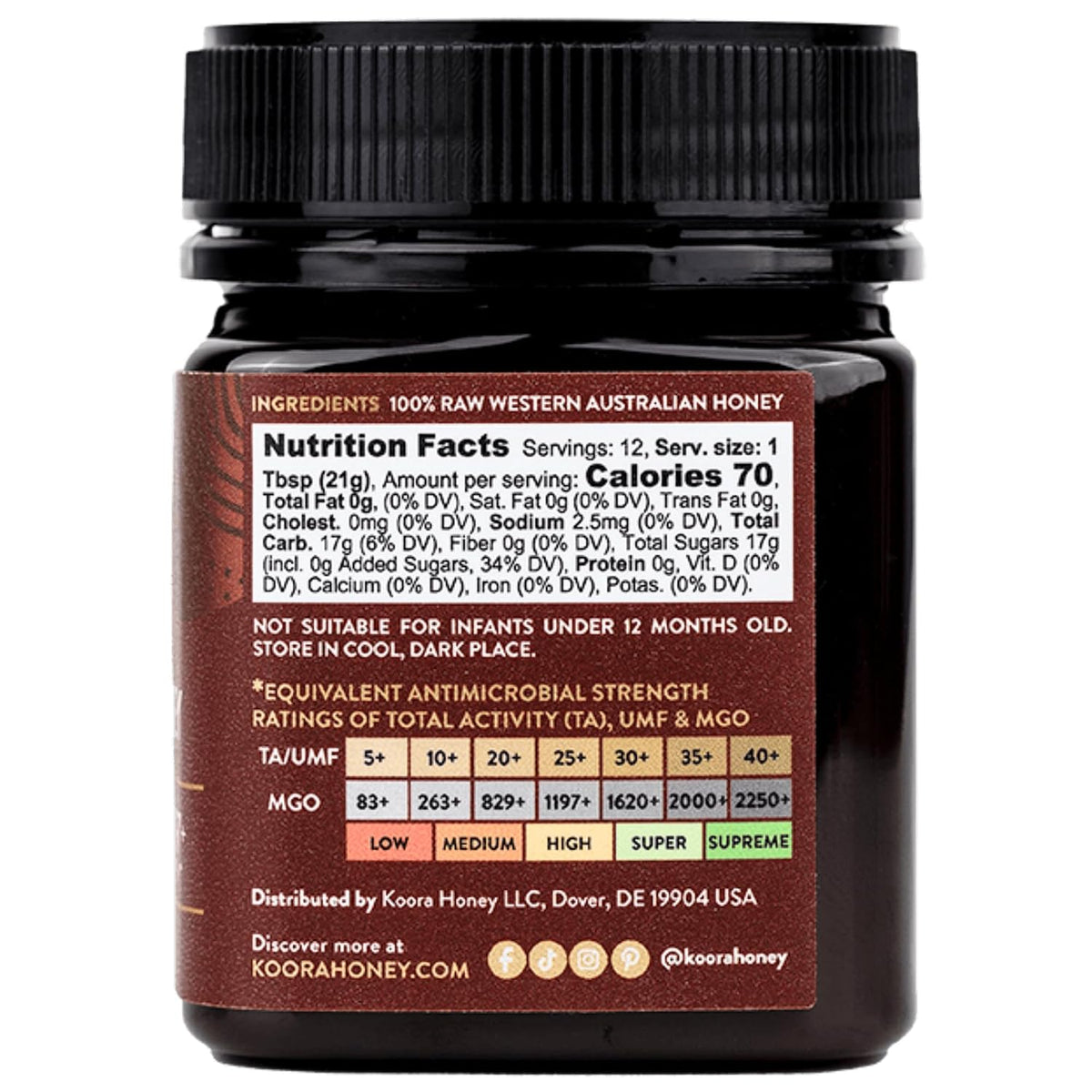 KOORA Marri Honey TA 25+ (MGO 1197+ Manuka Honey Rating Equivalent) 8.8 oz | Raw Medicinal Honey, Daily Health &amp; Immune Support, Low GI, Pristine Ancient Wild Forests of Western Australia