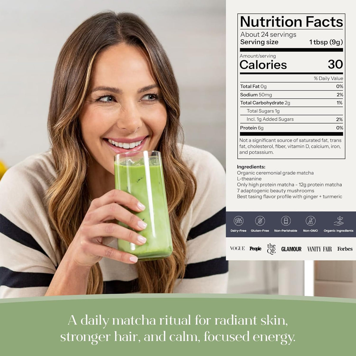 Kroma Beauty Matcha Latte Powder with Collagen, 7 Servings, 17g | Travel size collagen ceremonial grade matcha green tea latte with bovine collagen, ginger, turmeric &amp; adaptogenic mushrooms.