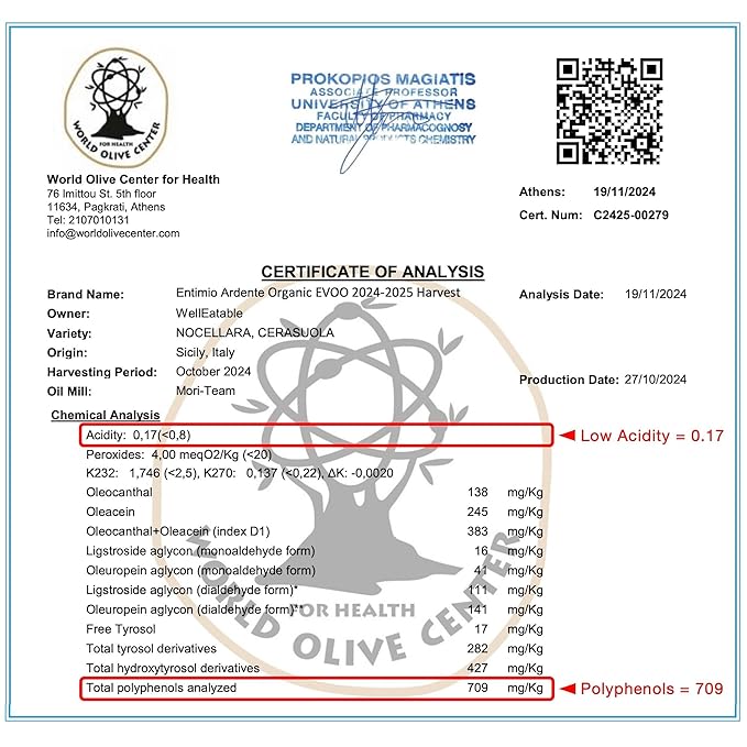 Entimio Ardente Organic Italian Extra Virgin Olive Oil from Italy, 600+ mg/kg High in Polyphenols, 2025 Gold Winner, Sicily Early Harvest evoo, Cold Extracted, Lab Tested - 16.9 fl oz