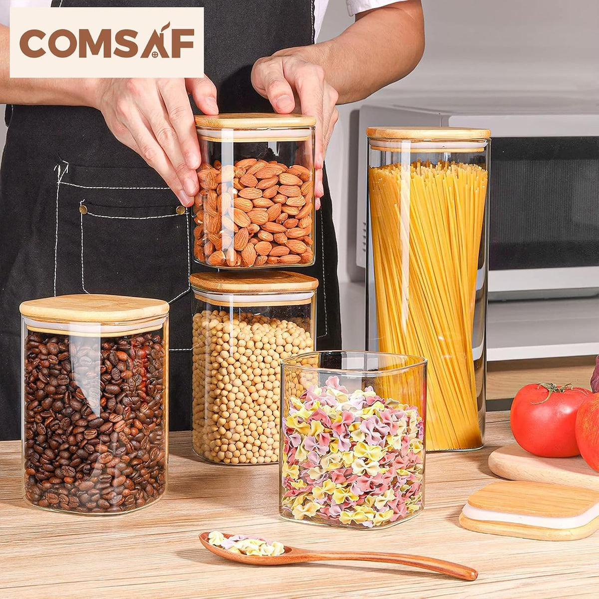 ComSaf Food Storage Containers with Airtight Lids Set of 6, Clear Glass Canister Food Jar with Sealing Lid Kitchen Pantry Storage Container for Spaghetti Pasta Sugar Flour Oat Cereal Beans, Square