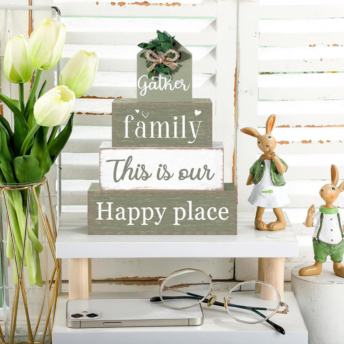 Cinnvoice 4 Pcs Farmhouse Table Decoration Rustic Sign Block,Gather Family | Sage Green Eucalyptus Wood Sign, Home Tabletop Centerpiece, Farmhouse Decor for Home Kitchen Office Shelf Mantel Decor