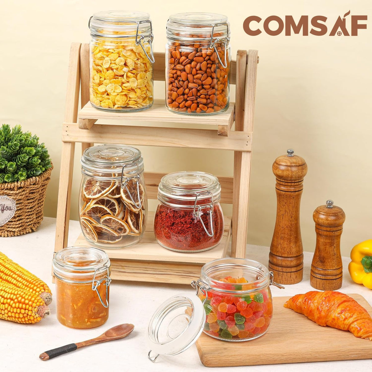 ComSaf 8oz Small Airtight Glass Jars Set of 6 with Lid Food Storage Jar Round, Mini Storage Container with Clear Preserving Seal Wire Clip Fastening for Kitchen Canning, Jam, Spice, Honey, Mason Jars