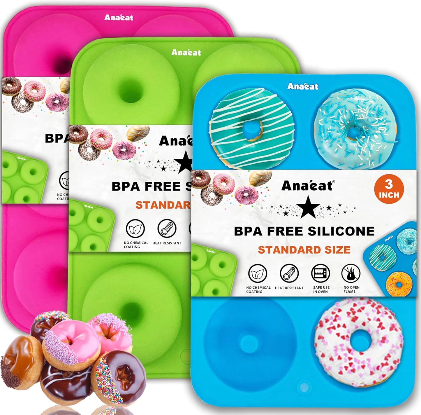 Anaeat 3 Pack Donut Pan Silicone Baking Mold, Just Pop Out! Non-Stick Doughnuts Baking Pans BPA Free