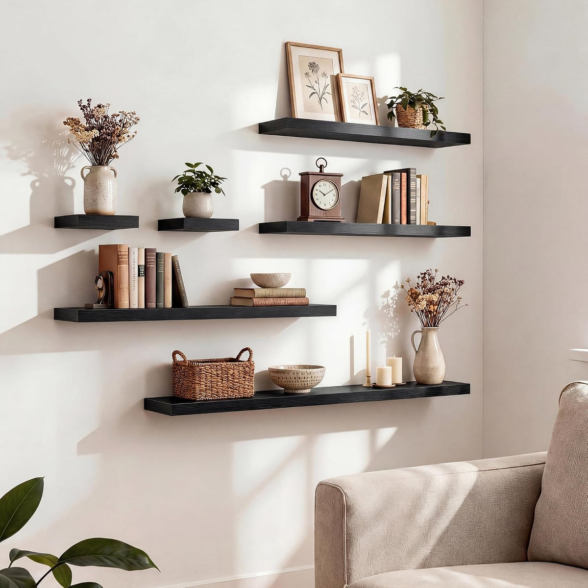 24" Floating Shelves for Wall, Wooden Wall Mounted Shelf, Set of 2, Black