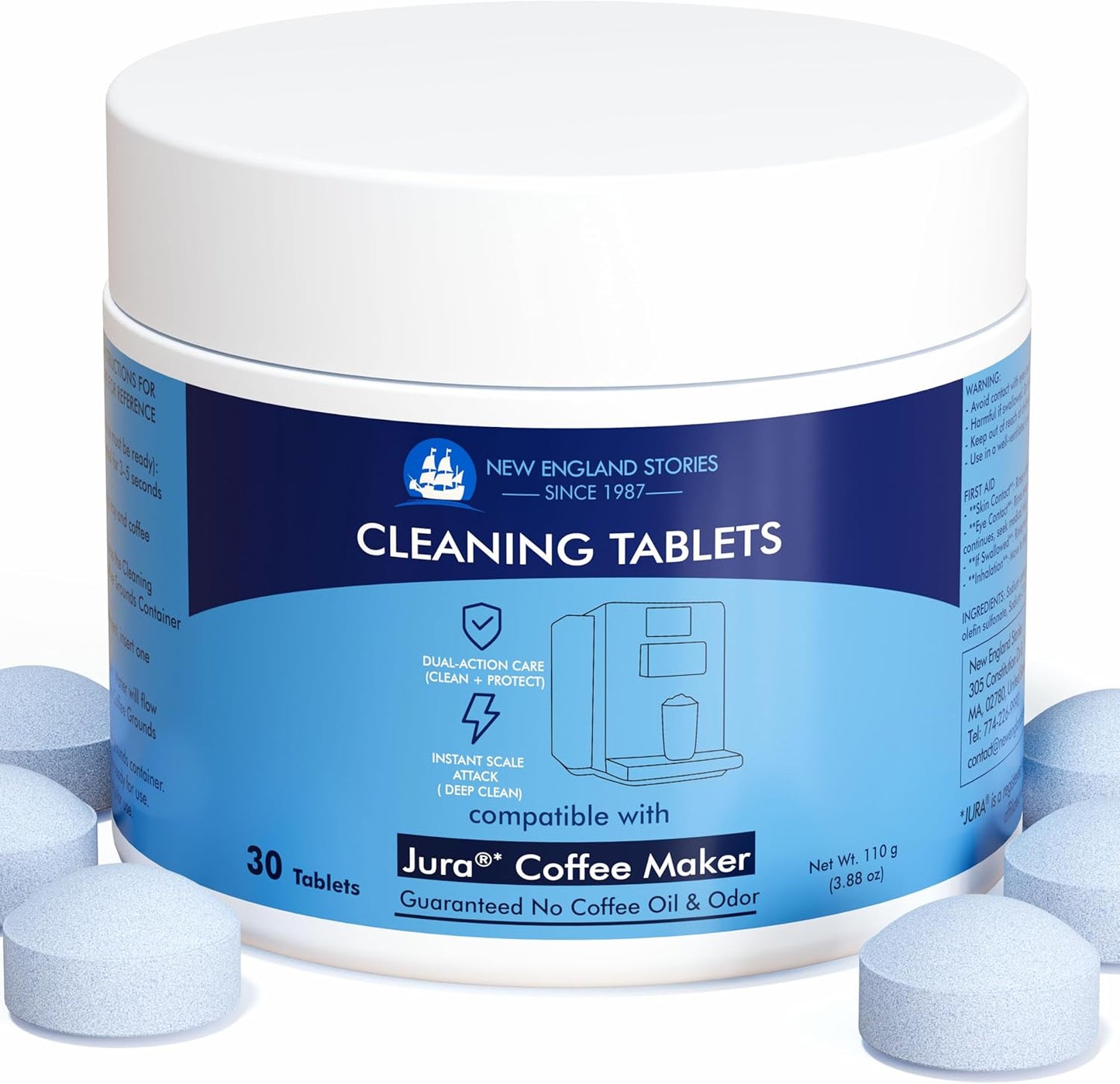New England Stories Jura Compatible Cleaning Tablets - 30 Count for All Jura Coffee Machines For Cleaning Internal Parts, Hard-to-Reach Areas, Keep Your Espresso Equipment in Top Condition