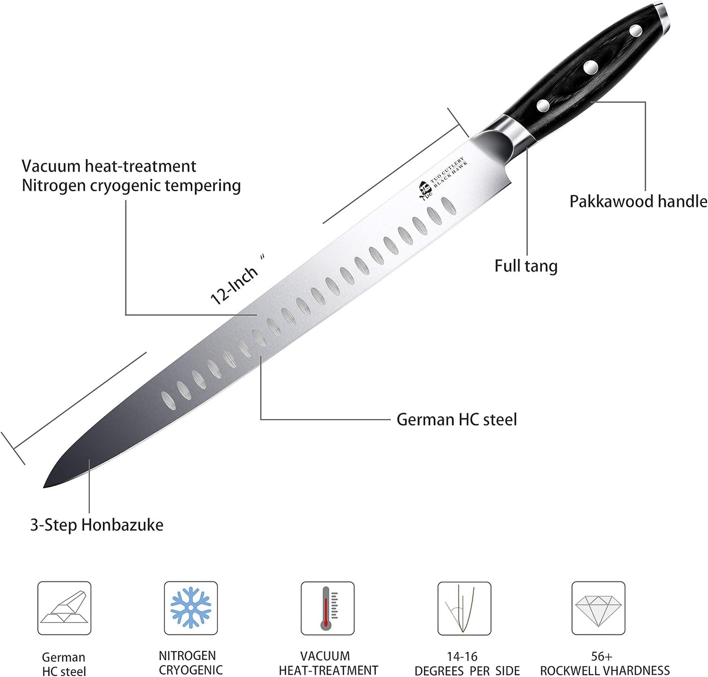 TUO Carving Knife - 12 Inch Brisket Slicing Knife for Grilled Meat and Bacon - High Carbon German Steel - Pakkawood Handle with Gift Box - BLACK HAWK SERIES
