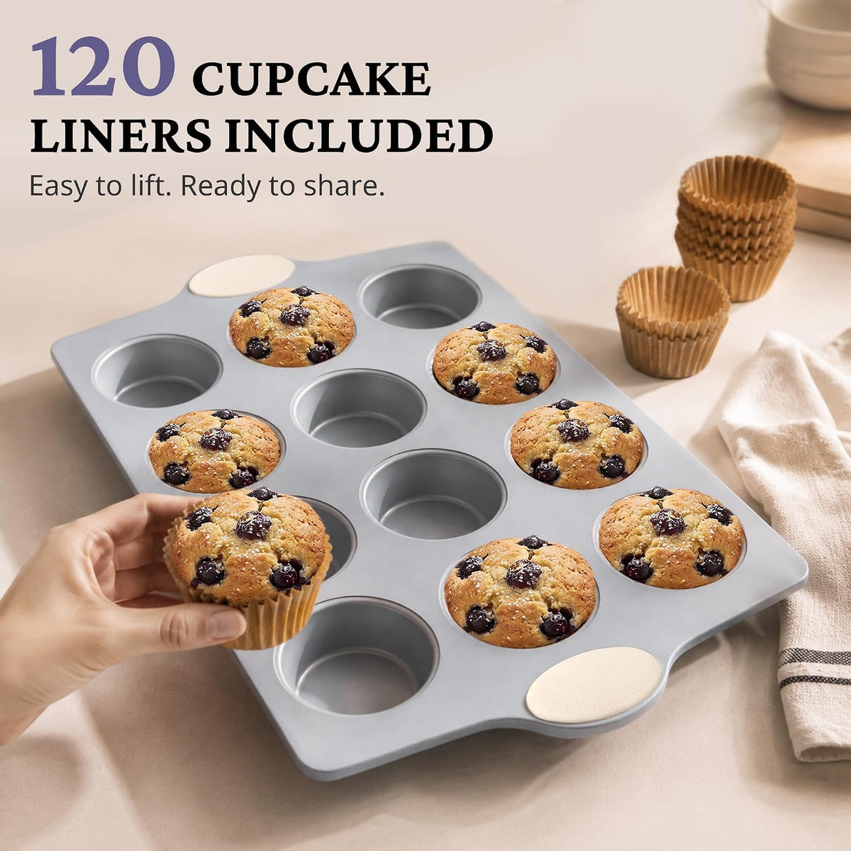 BRONYPRO Ceramic-Coated Nonstick 12-Cup Muffin Pan with 120 Liners