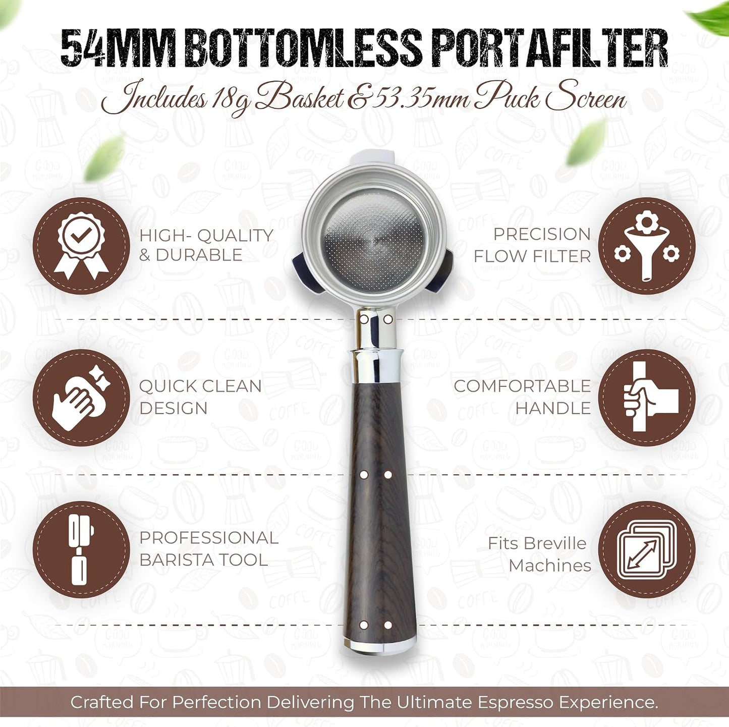 54mm Bottomless Portafilter for Breville Espresso Machines with 18g Filter Basket &amp; 53.35mm Espresso Puck Screen – Sandal Black Rosewood