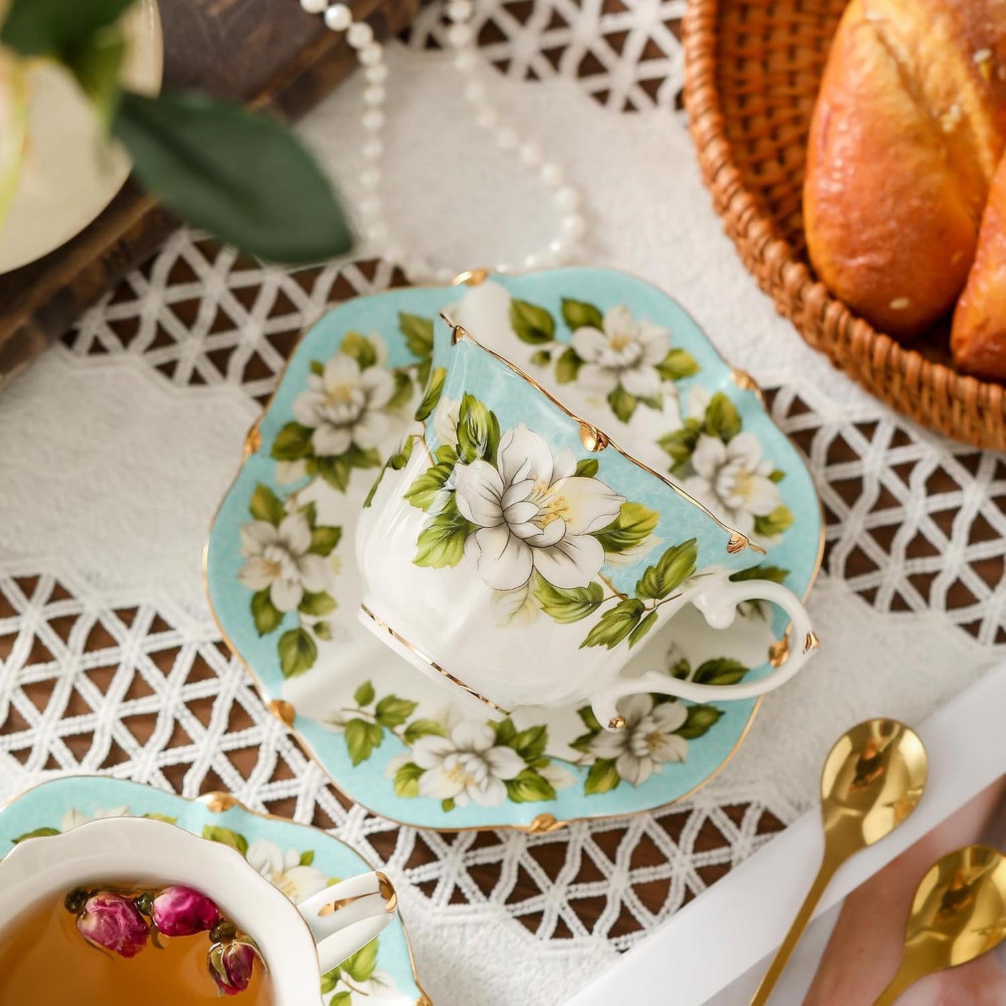 TATSUMI Country Roses Bone China Tea Cup and Saucer Set, 3 Pieces, Vintage Style, For Women and Tea Parties(Light Green, 1 set)