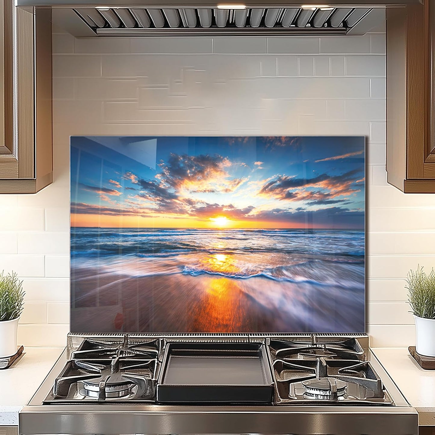 DAIFURONGE Tempered Glass Backsplash for Kitchen,Sea Beach Design,30"x20" | Behind Stove Back Splash Panel Protector, Easy to Clean, Kitchen Wall Decorative