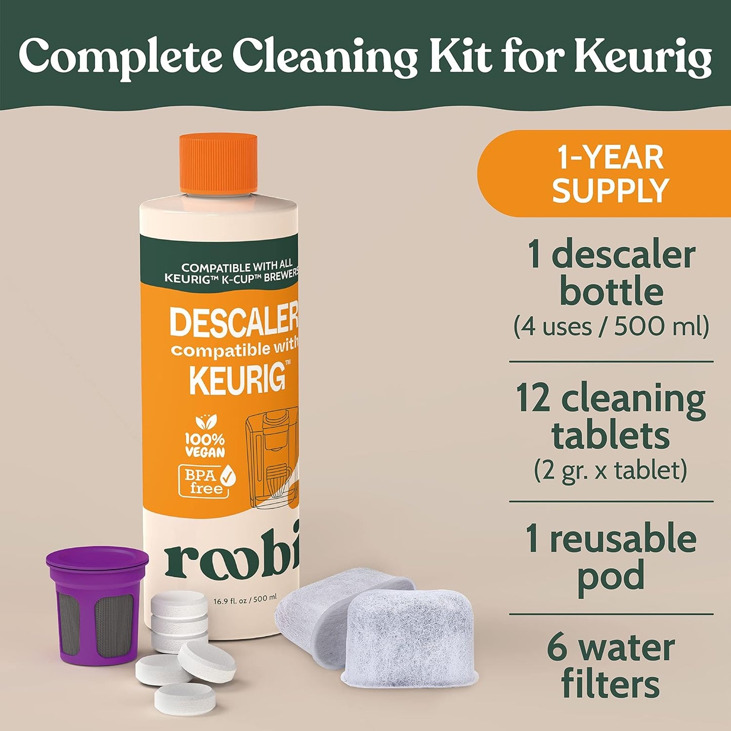 Roobi Keurig Compatible Descaling Solution &amp; Cleaning Kit | 500ml Keurig Descaler, 12 Cleaning Tablets, 1 Reusable Pod, 6 Water Filters, Carbon Neutral, 1 Year Supply