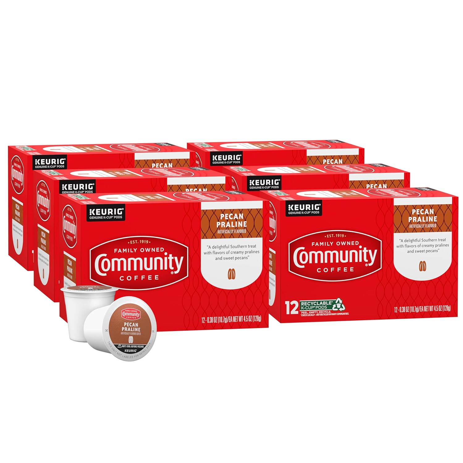 Community Coffee Pecan Praline Flavored 72 Count Coffee Pods, Medium Roast, Compatible with Keurig 2