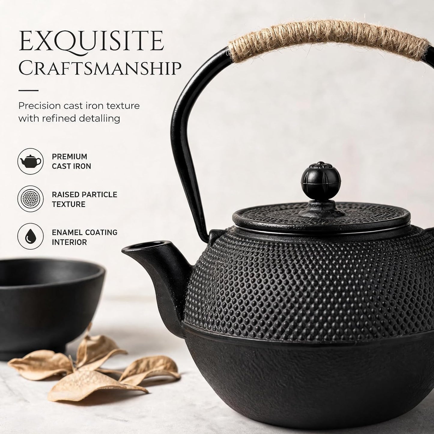 40oz Cast Iron Tea Kettle for Stovetop, Black Teapot with Infuser