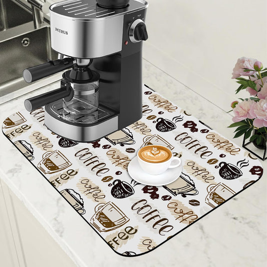 Coffee Cute Doodle Dish Drying Mat for Kitchen Counter Coffee Bar Mat Hide Stain Absorbent Rubber Backed Drying Rack Pad Fit