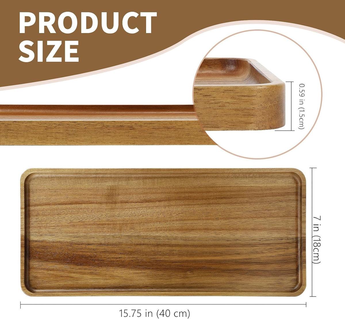 15.7" x 7" Large Solid Acacia Wood Serving Tray Rectangular Wooden Serving Platter Natural Wooden Board for Bar Coffee Party (1)