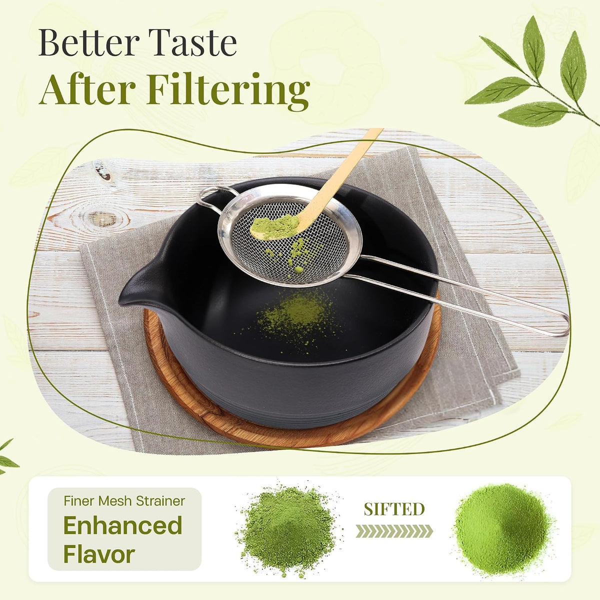 Matcha Whisk Set,includes Matcha Bowl,Matcha Whisk and Holder by Bamboo, Spout, Matcha Sifter Strainer Spoon Scoop Chasen Holder Towel- Perfect Japanese Matcha Set(8 Pcs black)