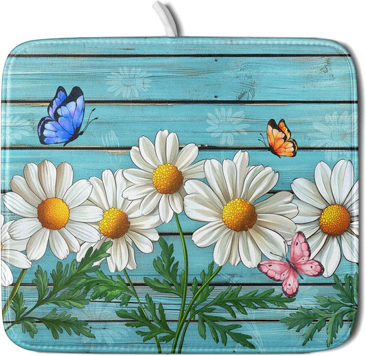Spring Daisy Floral Dish Drying Mat for Kitchen Counter 16x18in Turquoise Daisy Old Wooden Board Kitchen Mat Absorbent