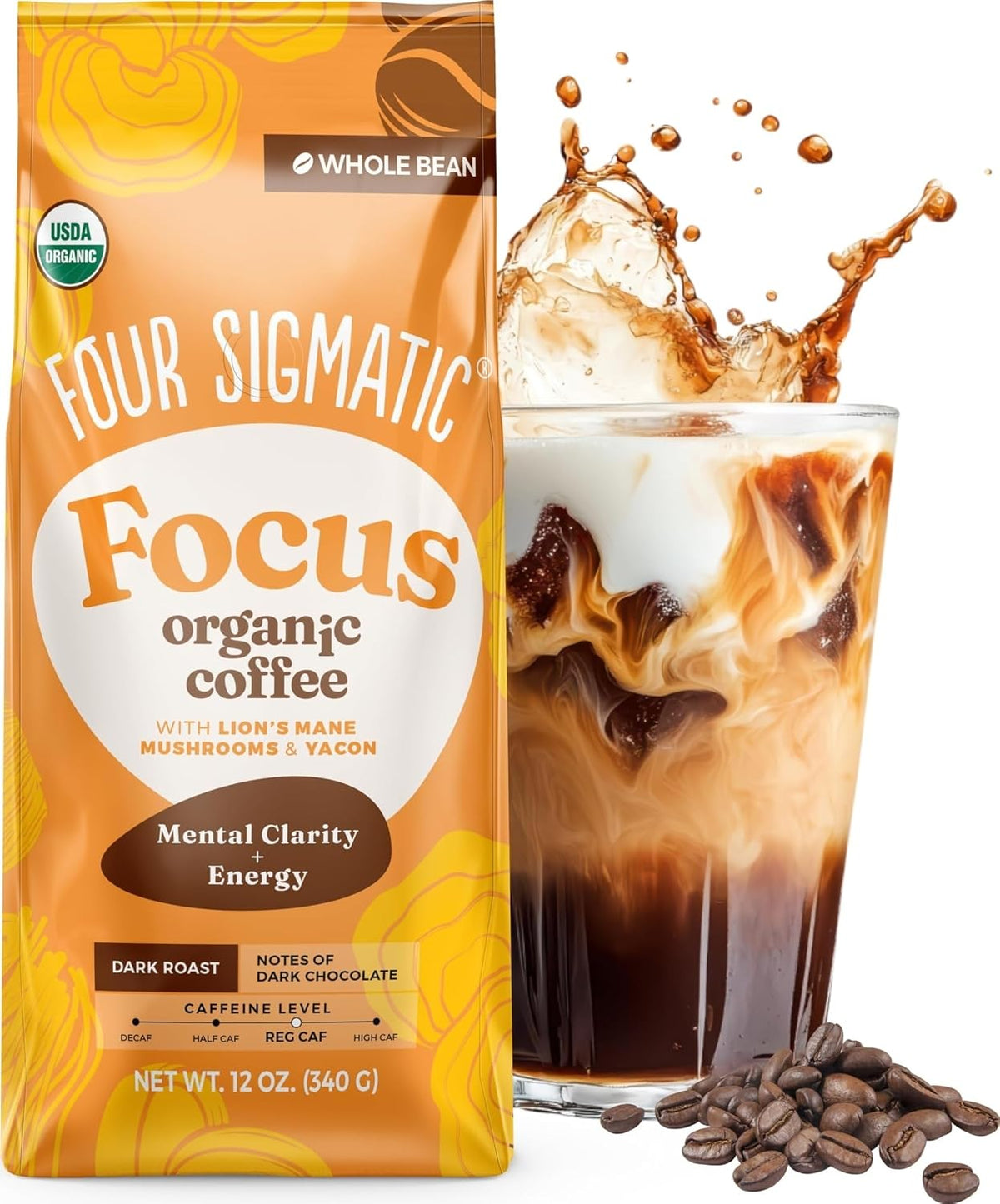 Four Sigmatic Dark Roast Organic Whole Bean Coffee | Gourmet Nootropic Mushroom Coffee Beans with Lion's Mane &amp; Chaga Mushrooms for Enhanced Brain Function and Immune Support | 12oz