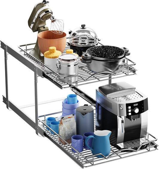 HOLDN’ STORAGE Two Tier Pull Out Cabinet Organizer, Individual Sliding Drawers - Heavy Duty Metal with Lifetime Limited