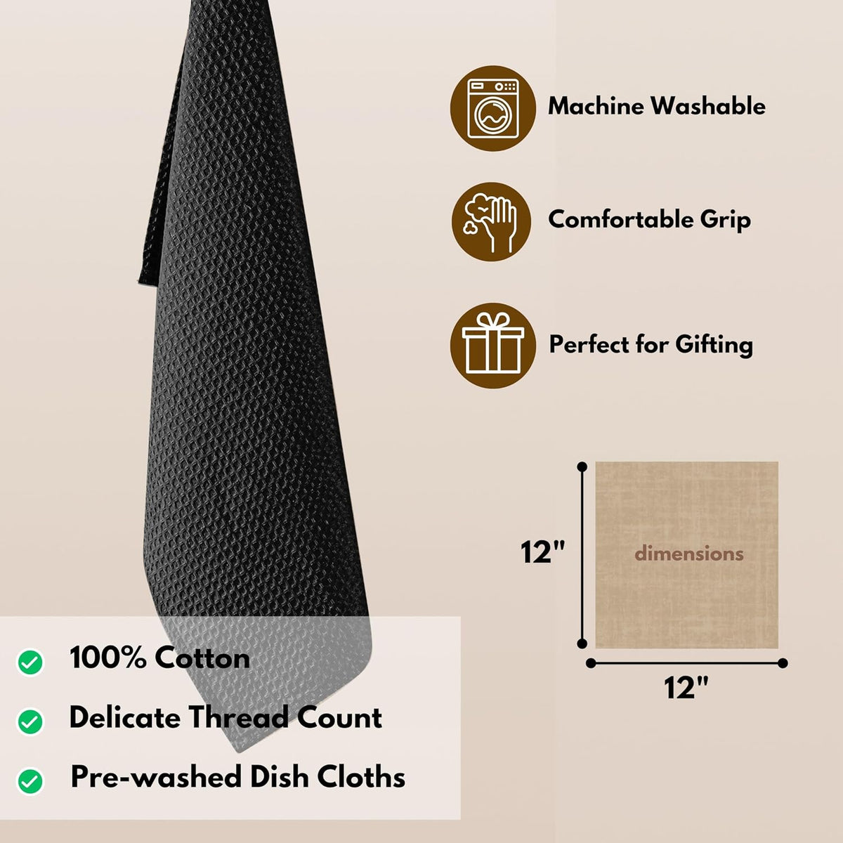 Native Fab 12 Pack Cotton Dish Cloths - Absorbent, Quick Drying, Washable, Durable Towels for Cleaning, Cooking &amp; Baking - Perfect for Everyday Use, Home, Bars, Restaurants - 12x12 Inches - Black