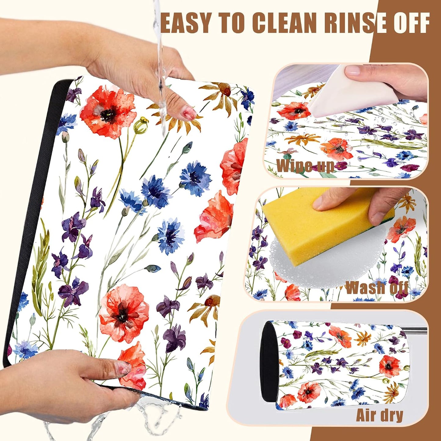 Watercolor Flowers Coffee Mat Daisy Dish Drying Mat for Kitchen Counter Absorbent Hide Stain Rubber Backed Coffee Bar Accessories Fit Under Espresso Machine Dish Drainer 11.8 x 19.7 Inch
