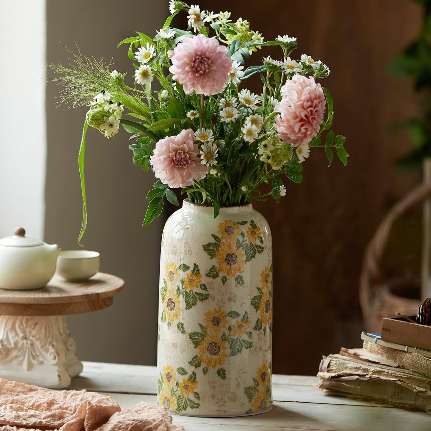 Vintage Ceramic Vase, 10.6 Inch Chinoiserie Sunflower Yellow Floral Vases, Retro Ice Cracked Rustic 