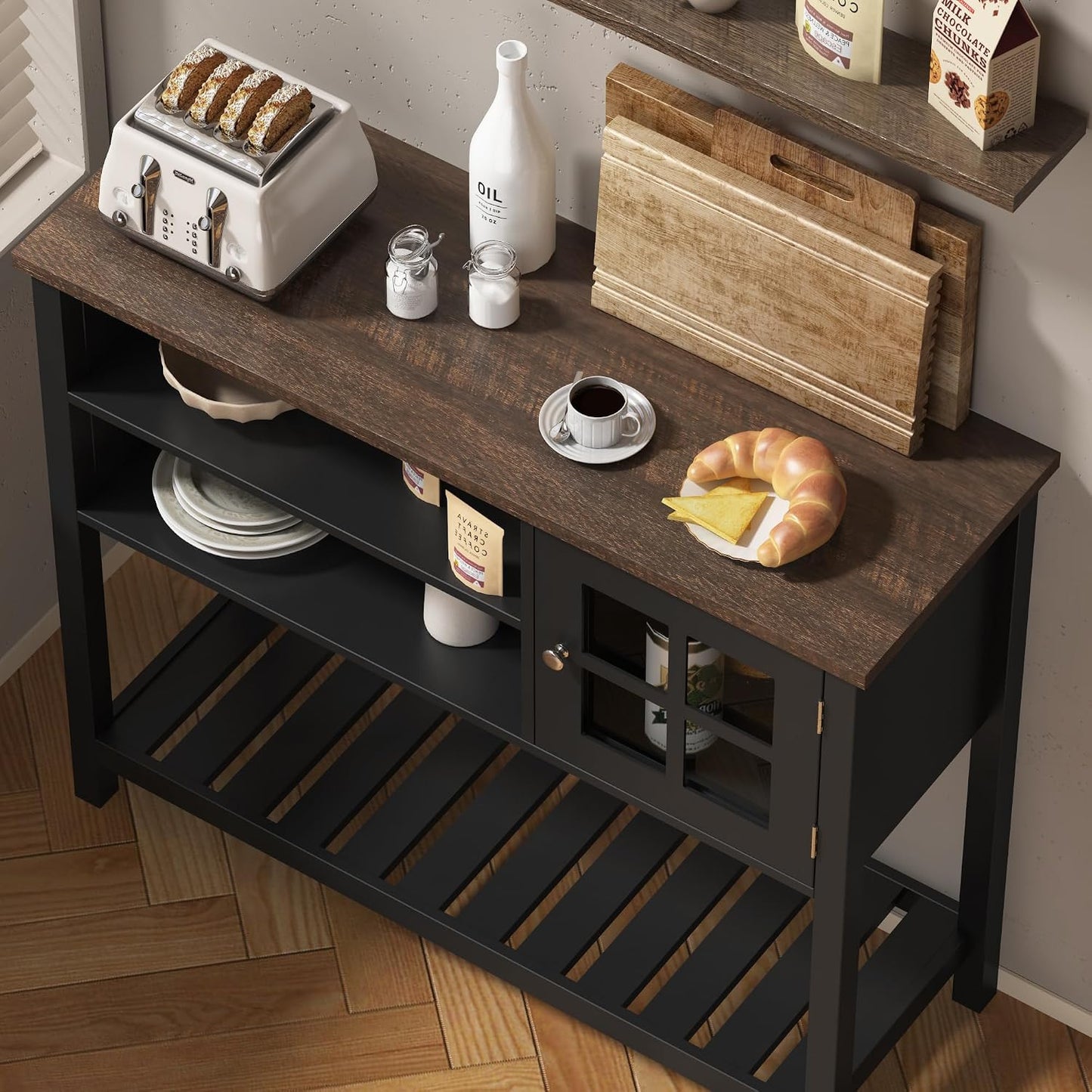 ChooChoo Farmhouse Coffee Bar Cabinet, 40" W Buffet Cabinet with Glass Door | Sideboard Buffet with Storage, Console Table, Black